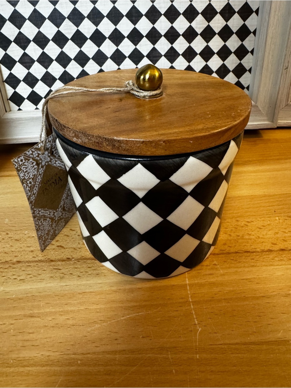 Black & White Diamond Pattern Ceramic Jar with Wood Lid Harlequin Style NEW